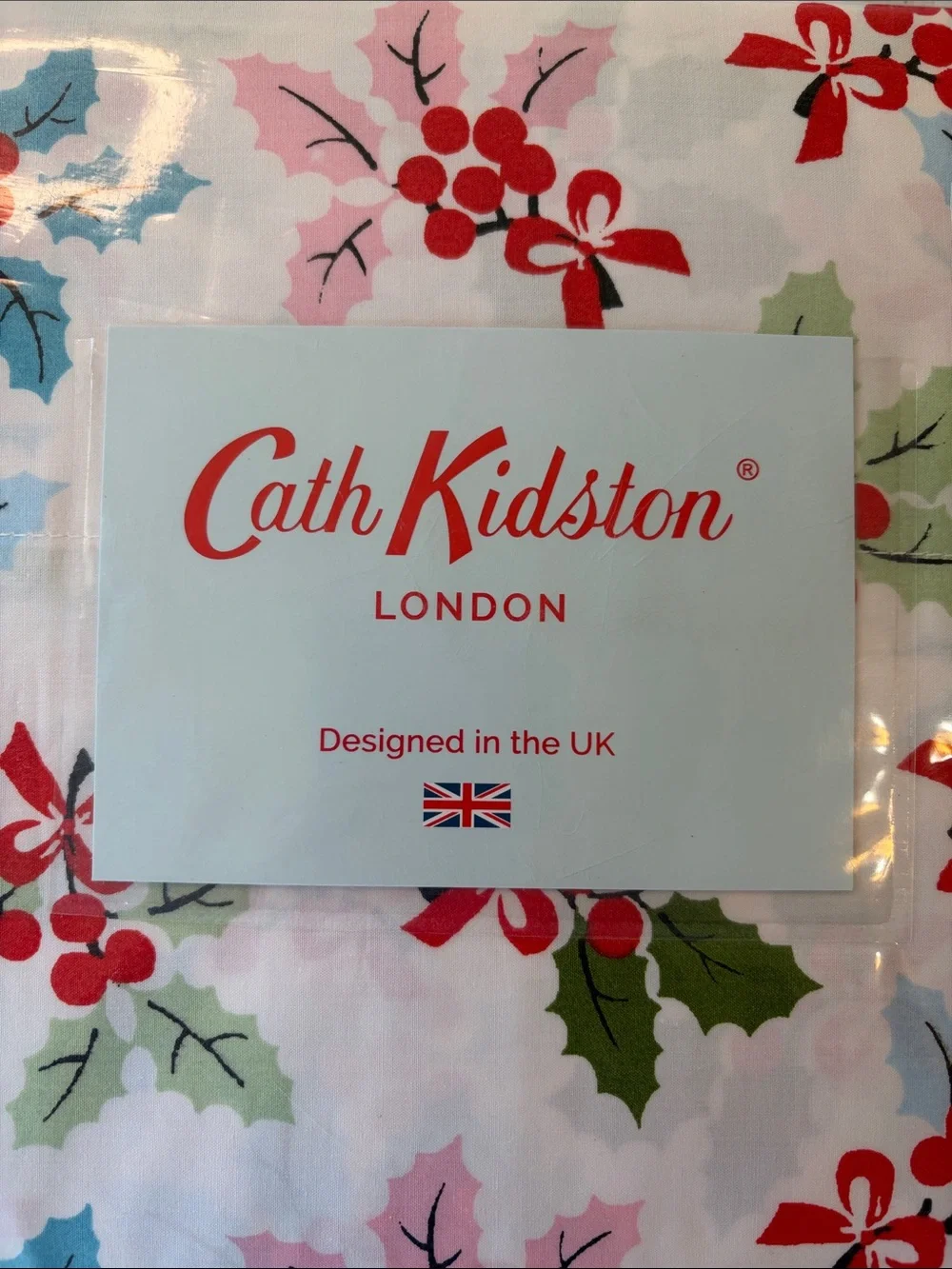 Cath Kidston Christmas Holly Print Queen Sheet Set NWT White Red Green Pink Blue